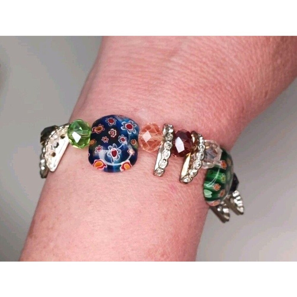 Vtg Artisan Millefiori Art Glass Flower Discs Beads 8" Stretch Bracelet Colorful